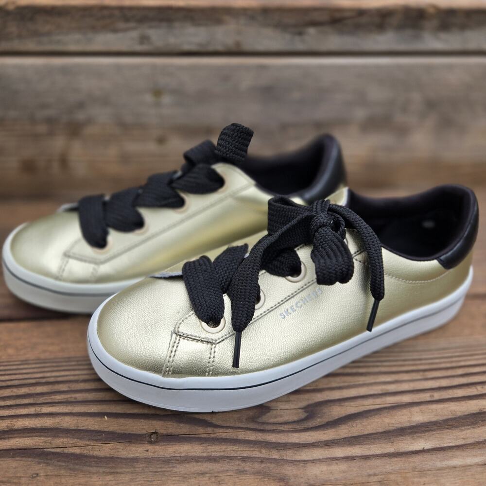 NEW Skechers Street Metallic Gold Leather Wide Black Lace Shoes Womens Sz 8 READ - Picture 9 of 10
